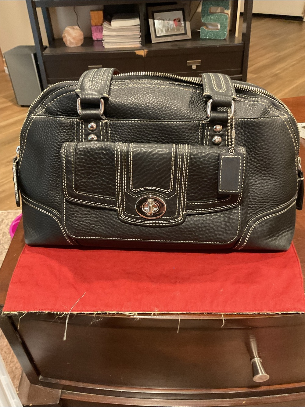 Coach Black Leather Satchel with White Contrast Stitching